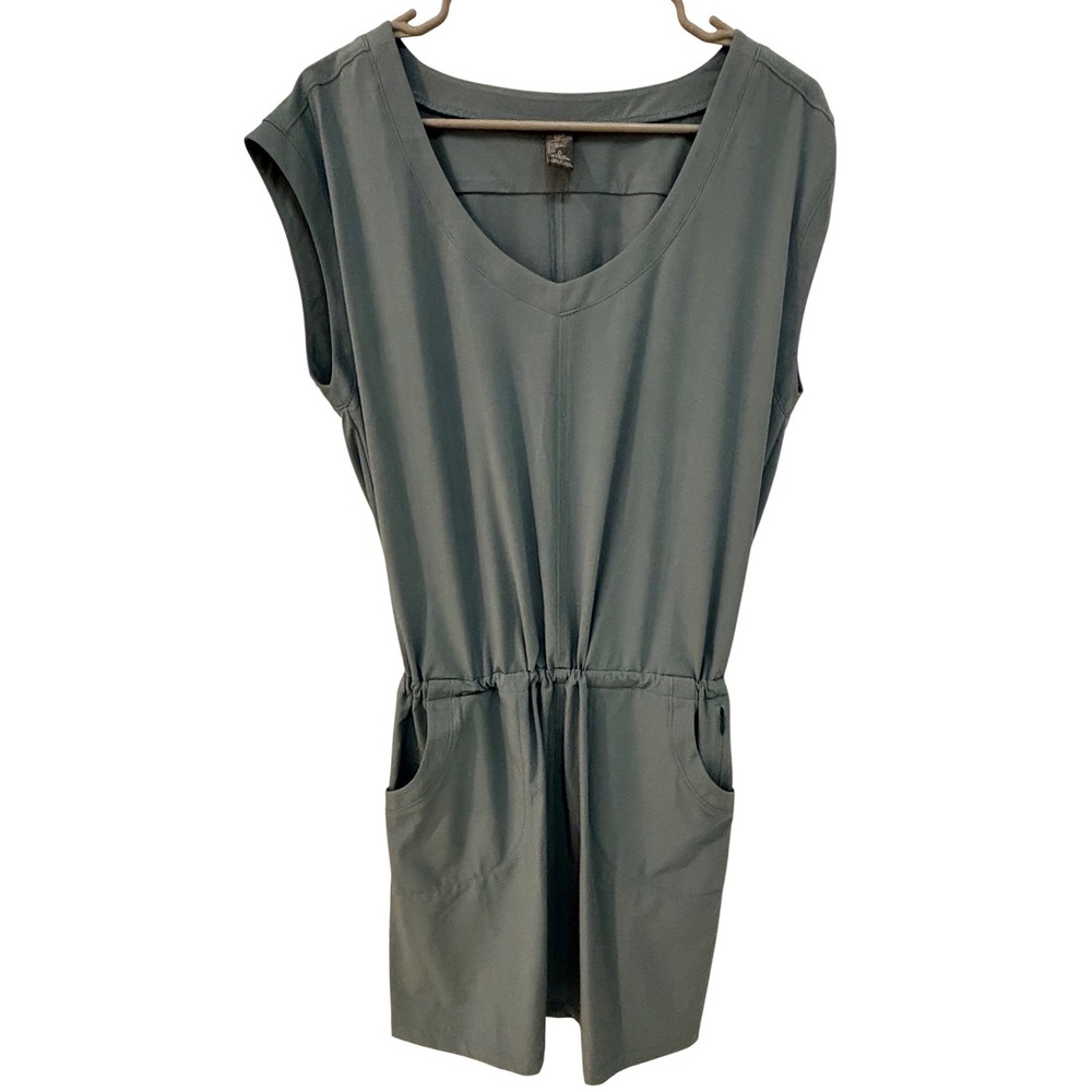 Prana Alana Dress Womens Small Slate Blue Gray V-Neck Drawstring Waist Pockets‎